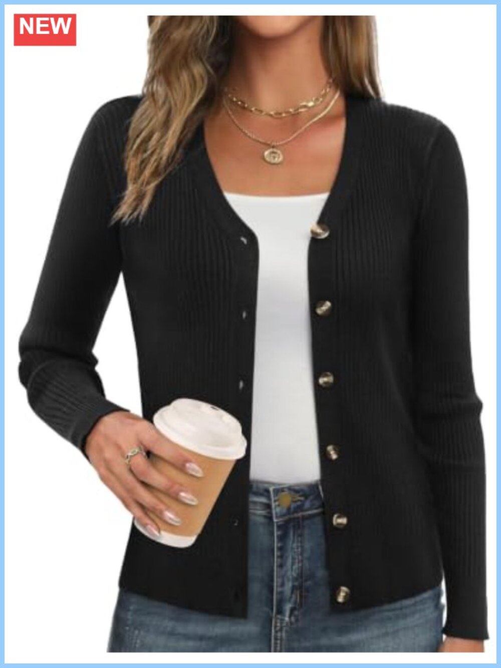 GRACE KARIN Long Sleeve V Neck Button Up Ribbed Knit Cardigan Sweater